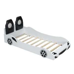 White Wood Frame Twin Car-Shaped Platform Bed with LED Strip and Upholstered Backrest