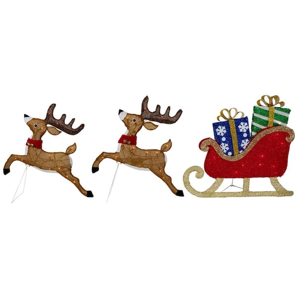 (Set of 3) Lighted Reindeer and Sleigh Outdoor Christmas Decoration 25.25 in.