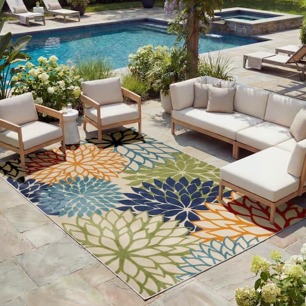 Aloha Multicolor 7 ft. x 10 ft. Floral Modern Indoor/Outdoor Patio Multicolor Area Rug