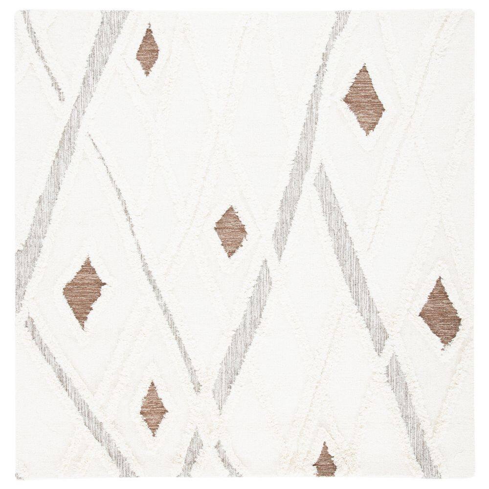 Ivory and Brown Hand-Tufted Wool Square Shag Rug, 6'x6'