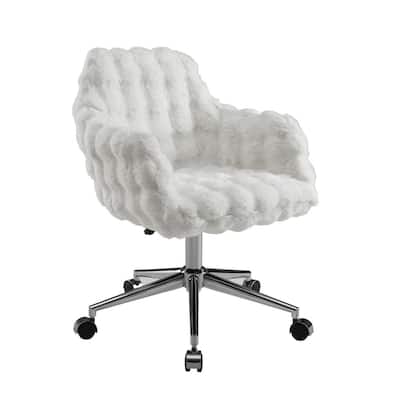 Frannie Faux Fur Fabric Seat Swivel Adjustable Height Desk Office Task Chair in White with Non-Adjustable Arms