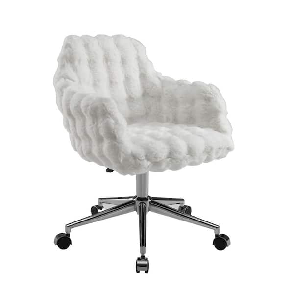 Frannie Faux Fur Fabric Seat Swivel Adjustable Height Desk Office Task Chair in White with Non-Adjustable Arms