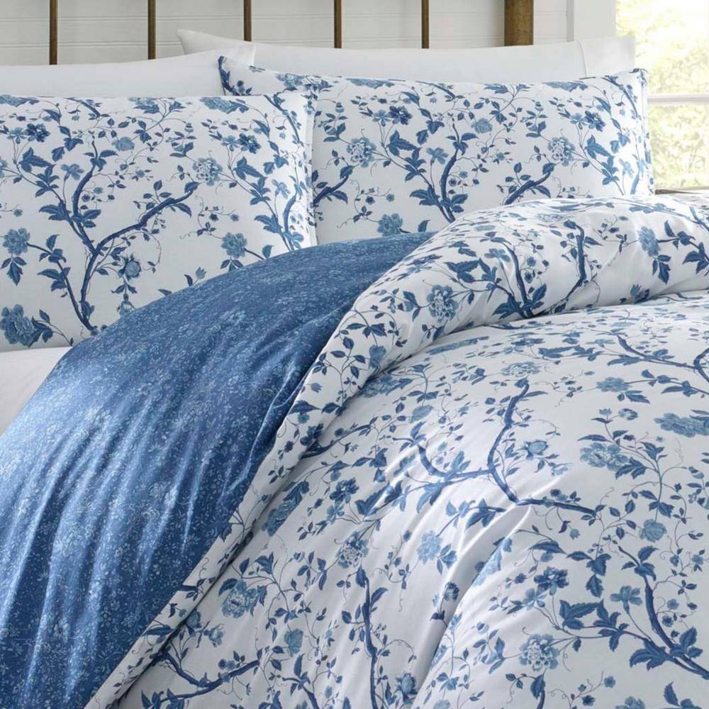 Elise Blue and White Cotton Floral Full/Queen Duvet Cover Set