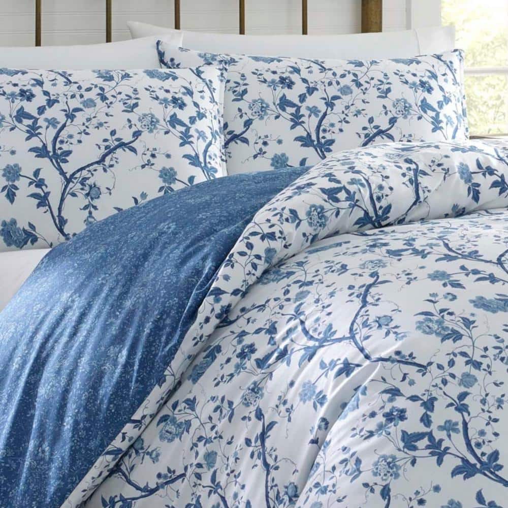 King Blue and White Cotton Floral Bedspread Cover Set
