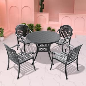 Black Frame 5-Piece Cast Aluminum Outdoor Dining Set with Random Color Cushion in Black