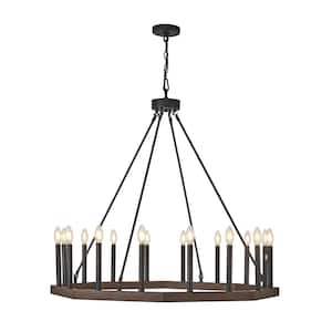 16-Light Black and Brown Wagon Wheel Chandelier with No Bulbs Included