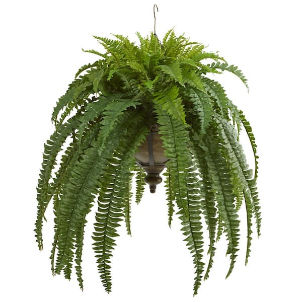 Nearly Natural 39 in. Boston Fern Artificial Plant in Metal Hanging Bowl