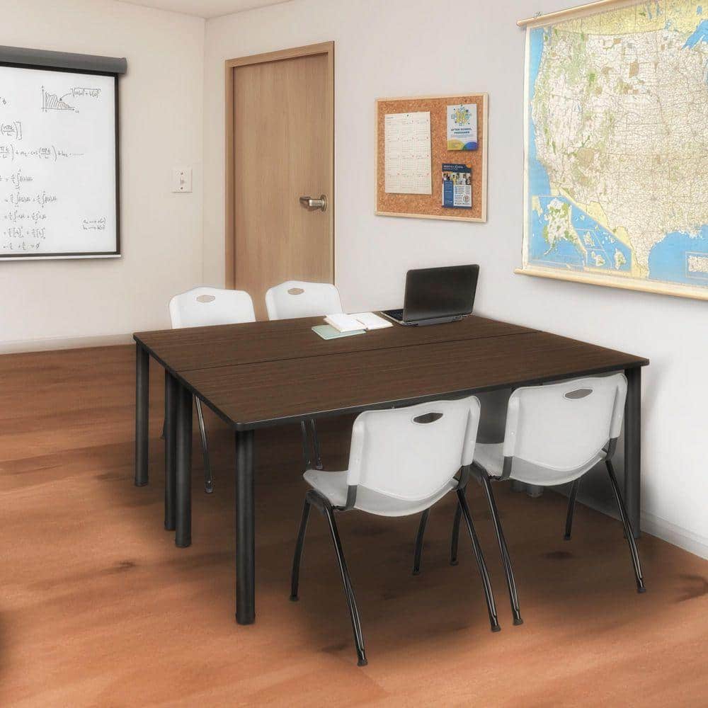 Kee 72 in. x 24 in. Neo Walnut Top Training Table Desk, Black Legs and 2 M Stack Chairs-Grey