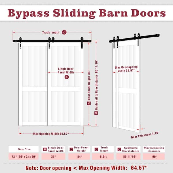 60 in x 84 in (Double 30 in.Doors) White, MDF & DIY Painted, Finished Double 6 Panel Sliding Barn Door Hardware Kit