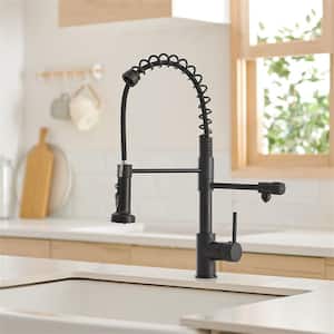 Double Handle Kitchen Sink Faucet With Pull Down Sprayer Single Hole Commercial Spring Modern Sink Tap in Matte Black