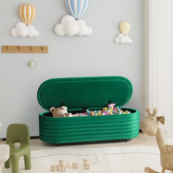 Farrah 54 in. Wide Oval Velvet Upholstered Entryway Flip Top Storage Bedroom Accent Bench in Green