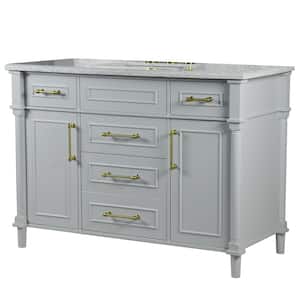 48 in. W x 22 in. D x 36 in. H Single Bathroom Vanity Side Cabinet in Light Gray with White Marble Top and Gold Hardware
