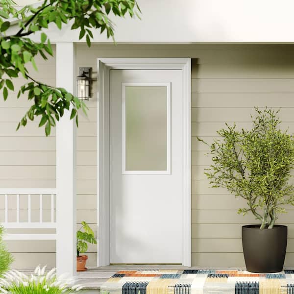 30 in. x 80 in. 1-Lite, Universal, Frosted Glass, White Primed Wood Front Door Slab