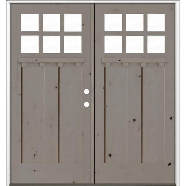 72 in. x 80 in. Knotty Alder Left-Hand/Inswing Double DS 6-Lite Clear Glass Weathered Gray Wood Prehung Front Door