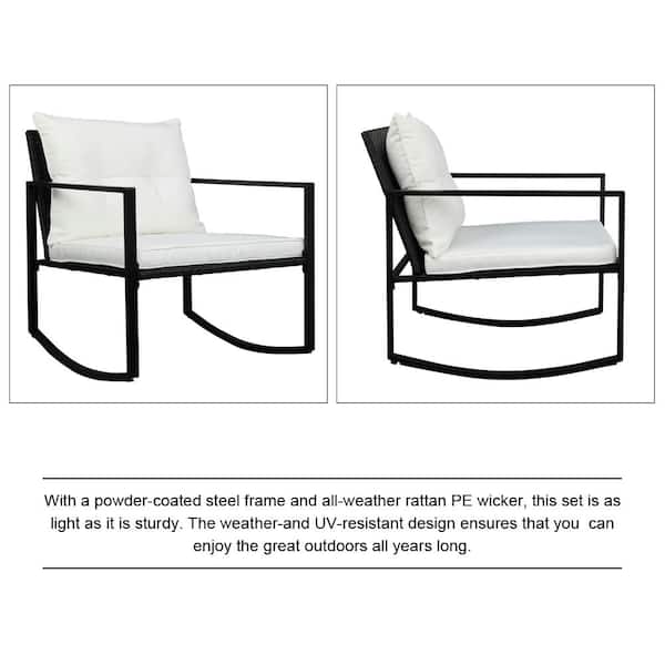 Black 3-Piece Wicker Outdoor Bistro Set Rocking Chairs with Washed White Cushion