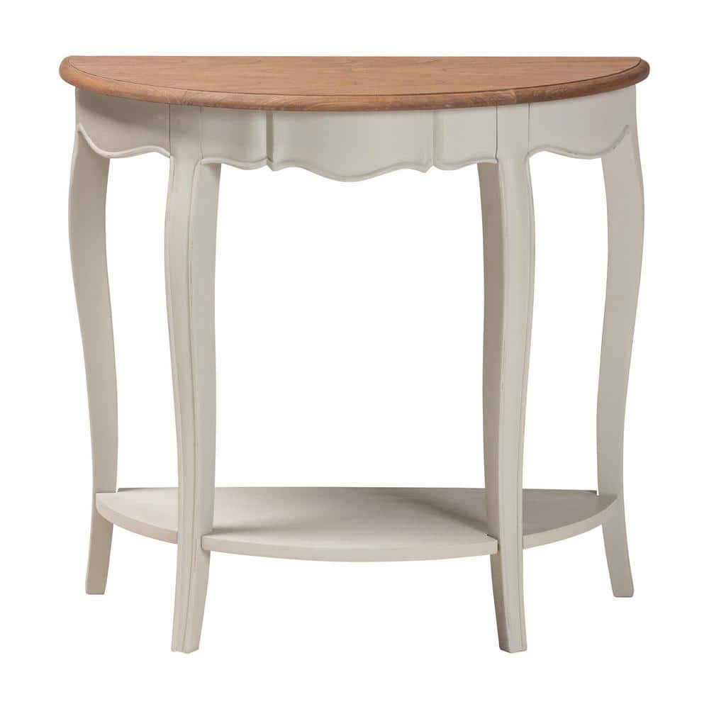 Cordelia 32" White and Natural Wood Demilune Console Table with Storage