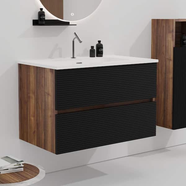 FAMYYT 30 in. Single Sink Floating Black Walnut Bath Vanity with White Ceramic Top, Pre-assembled