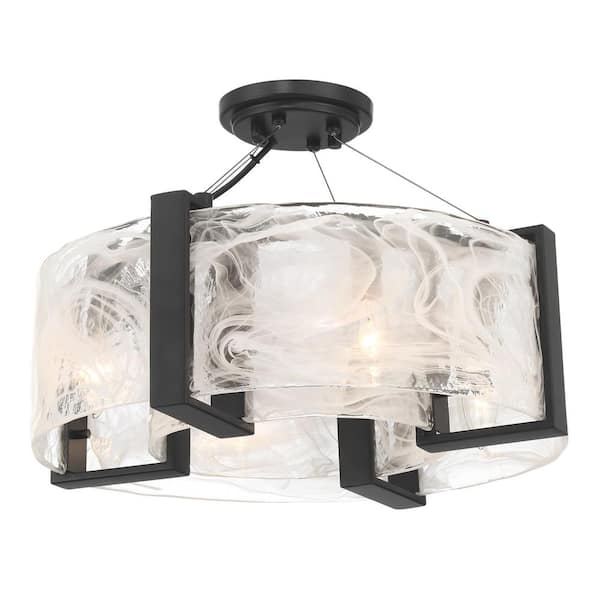 Cloud Break 17.63 in. 4-Light Coal Black Industrial Semi-Flush Mount with Cloud Glass Shade, No Bulbs Included