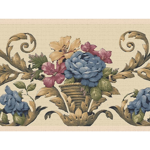 Dundee Deco Falkirk Dandy II Yellow Blue Green Flowers on Damask Vines Floral Peel and Stick Wallpaper Border