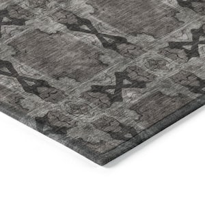 Gray and Black 5 ft. x 8 ft. Woven Floral;Medallion Rectangle Indoor/Outdoor Area Rug