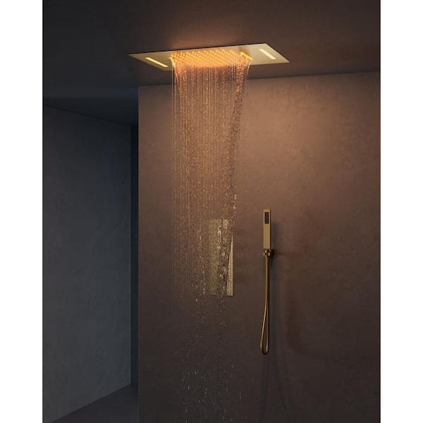 Full Spectrum LED 7-Spray Ceiling Mount 23 in. x 15 in. Dual Fixed and Handheld Shower Head w/ Waterfall in Brushed Gold