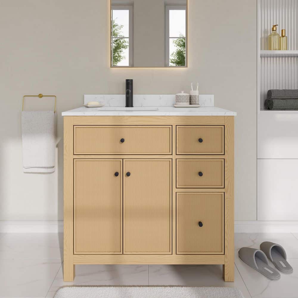 Pendry 36 in. Single Freestanding Tanned Oak Bath Vanity with Carrara Cultured Marble Top Assembled price history on PriceWatchPro