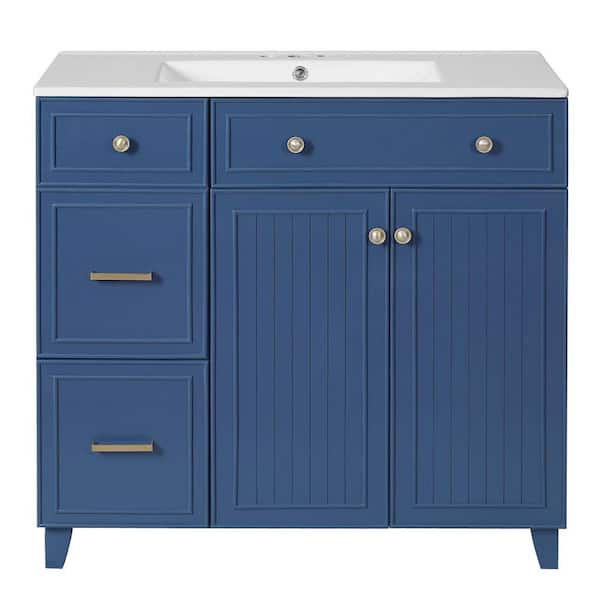 36 in. 1-Sink Free-Standing Blue Bath Vanity with White Ceramic Top and Soft Close Doors, Adjustable Shelves, Drawers