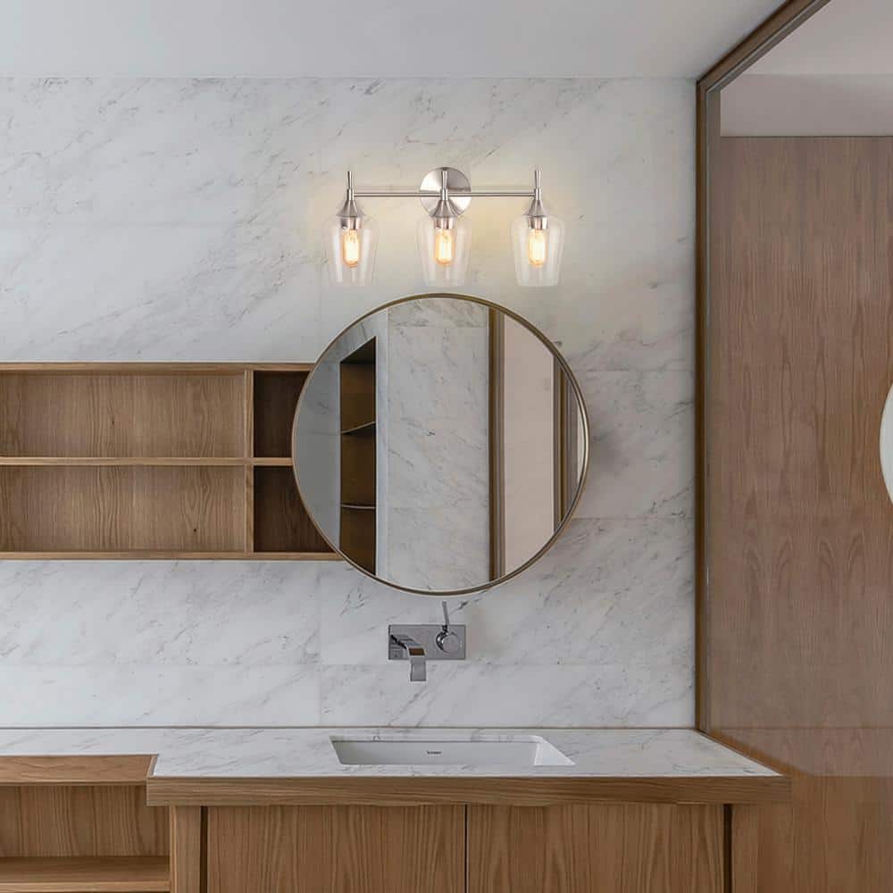 Brushed Nickel 3-Light Vanity Fixture with Clear Glass Shades