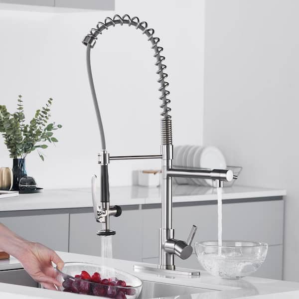28.7" Single Handle Pre-Rinse Spring Pull Down Sprayer Kitchen Faucet with 360° Swivel Spout and Pot Filler in Nickel