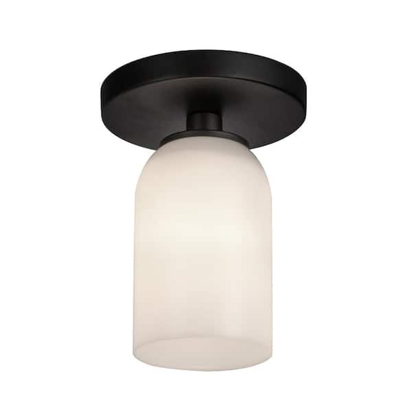Nola 4 in. 1 Light 40-Watt Black/Glossy Opal Glass Semi-Flush Mount
