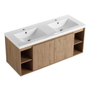 Yunus 47in. W x 18 in. D x 20 in. H Floating Bath Vanity in Imitative Oak with Double Sink and White Gel Top