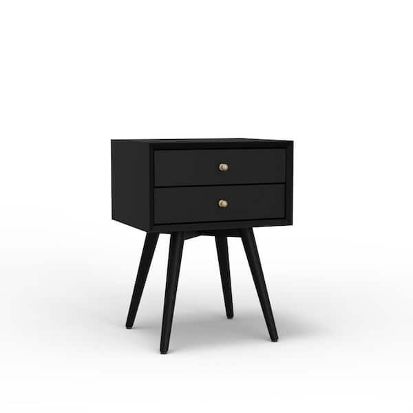 Alpine Furniture Flynn 19.5 in. W Black Rectangle Wood Top End Table with Drawers, Solid Wood, Storage