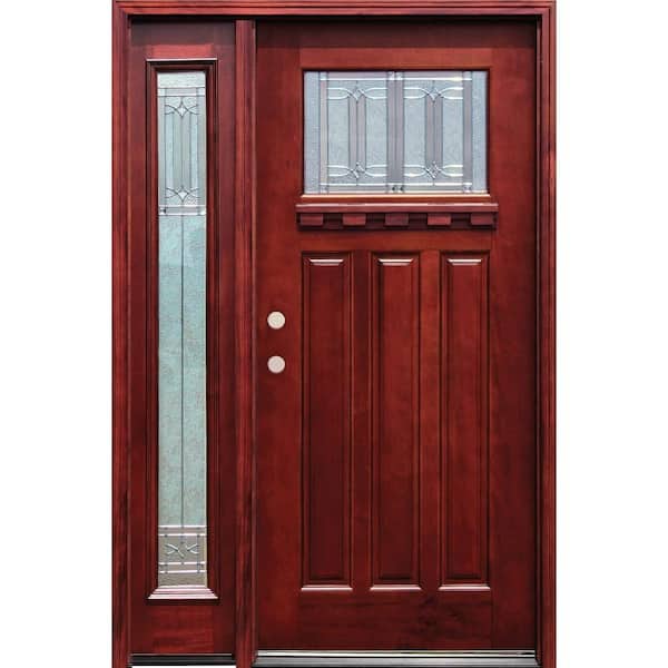 Pacific Entries 52 in. x 80 in. Diablo Craftsman 1 Lite Stained Mahogany Wood Prehung Front Door with Dentil Shelf & One 12 in. Sidelite