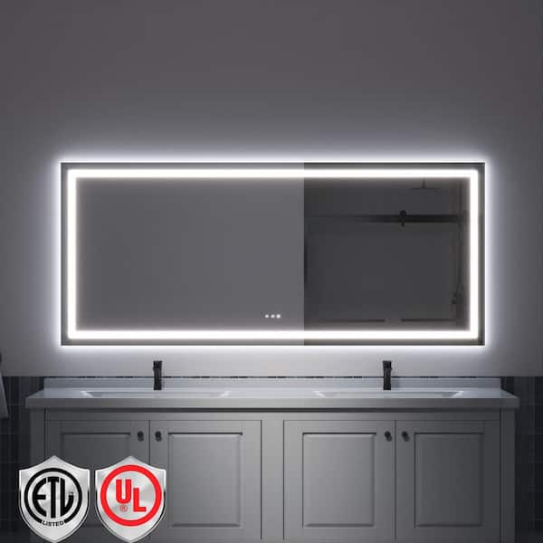 88 in. W x 38 in. H Rectangular Frameless LED Light Anti-Fog Bathroom Wall Mirror with Backlit and Front Light