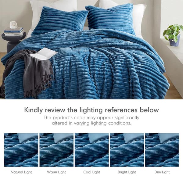 Avril 3-Piece Blue Microfiber King/Cal King Fluffy Ribbed Plush Comforter Set