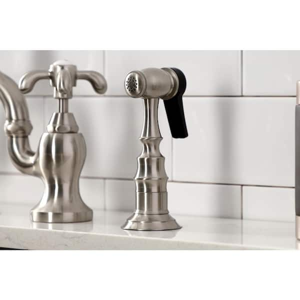 Kingston Brass English Country Double-Handle Deck Mount Gooseneck Bridge  Kitchen Faucet with Brass Sprayer in Brushed Nickel HKS7798PLBS - The Home  Depot