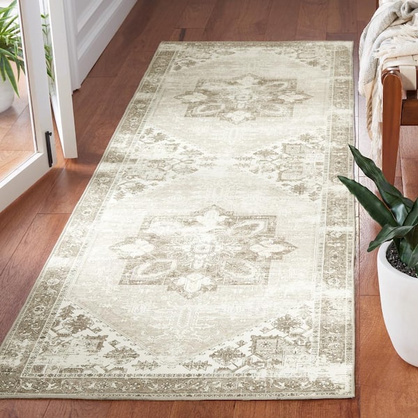 Tuscon Sage/Ivory 3 ft. x 12 ft. Machine Washable Border Distressed Runner Rug
