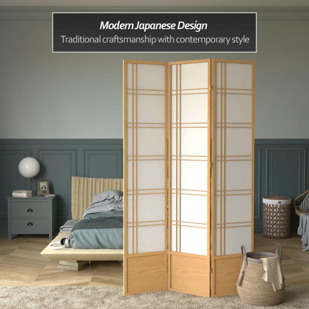 Natural Spruce Wood and Rice Paper Shoji Room Divider