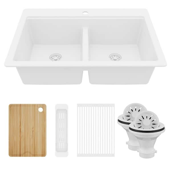 33 in. Drop-In 50/50 Double Bowl Quartz Workstation Kitchen Sink in White