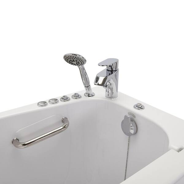 Mobile 45 in. Walk-In Soaking Bathtub in White with Left Outward Swing Door, Heated Seat, Faucet, LHS 2 in. Dual Drain Mobile 45 in. Walk-In Soaking Bathtub in White with Left Outward Swing Door, Heated Seat, Faucet, LHS 2 in. Dual Drain