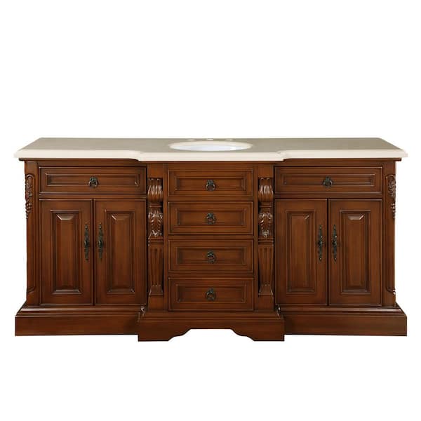 Silkroad Exclusive 72 in. W x 22 in. D Vanity in English Chestnut with Marble Vanity Top in Crema Marfil with White Basin