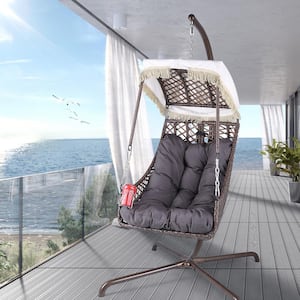 Indoor Outdoor Patio Wicker Swing Egg Chair with Black Cushion
