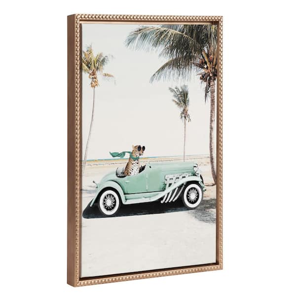 Kate and Laurel Sylvie Leopard in Car Beach Palms 1-Piece Gold Framed Canvas Art Print, 18.00 in. x 24.00 in.