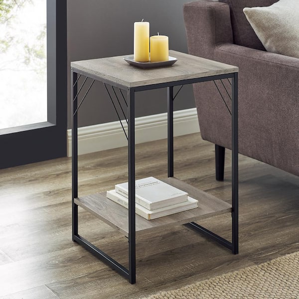 Welwick Designs 16 in. Gray Wash Industrial Metal Accent Side Table