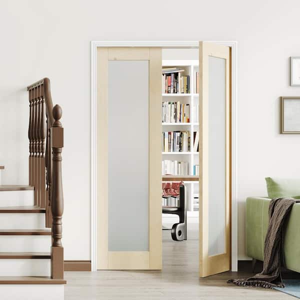 48 in. x 80 in. Pine Wood Color, No Bore, Full Lite, Frosted Glass Light Brown finished MDF Wood Interior Door Slab