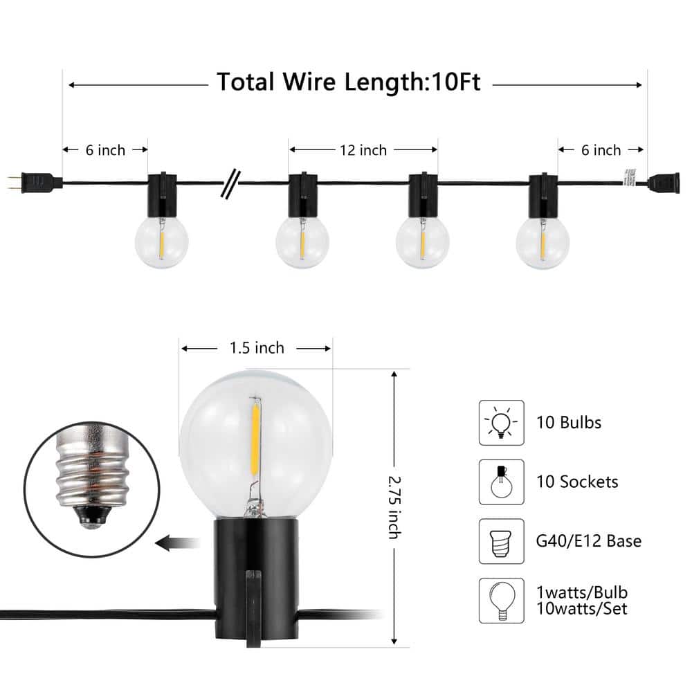 Huron 10-Light Black LED Outdoor String Lights