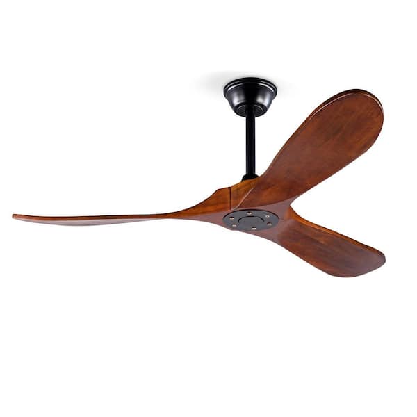 52 in. Flush Mount Standard Ceiling Fan Without Light, Black Housing with Dark Brown Solid Wood Blades and Remote