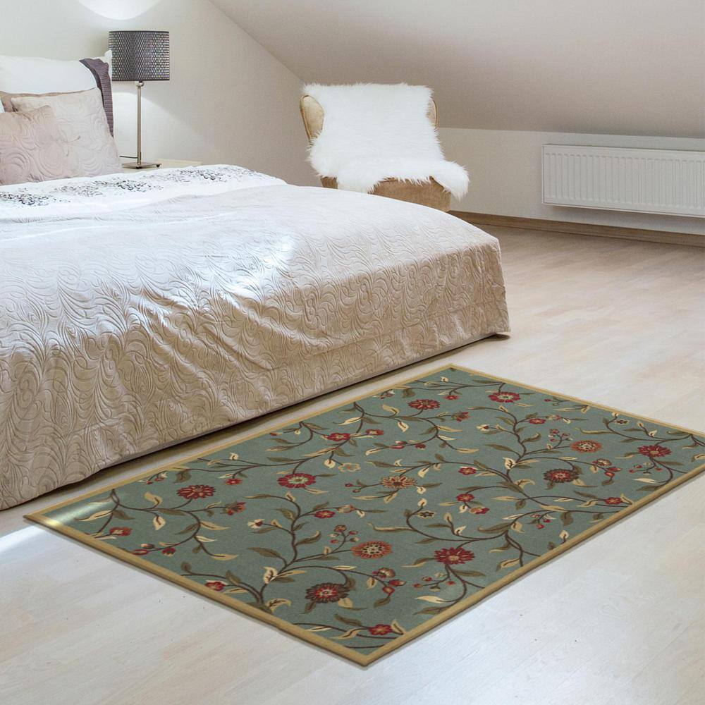 Seafoam Green Floral Non-Slip Washable Area Rug 3'3" x 5'