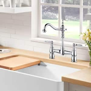 Deck Mounted Double Handle Bridge Kitchen Faucet, Bridge Basin Faucet with Hole Cover in Polished Chrome