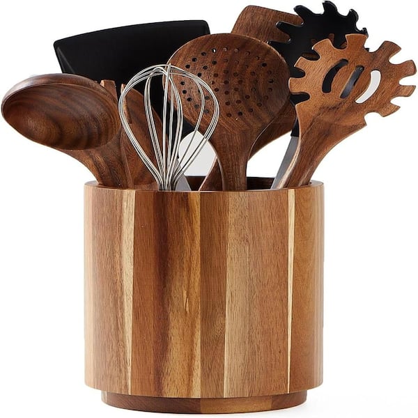 Brown Natural Acacia Wood Utensil Holder Crock for Kitchen Countertop with 360° Rotating Feature Farmhouse Decor 7.2